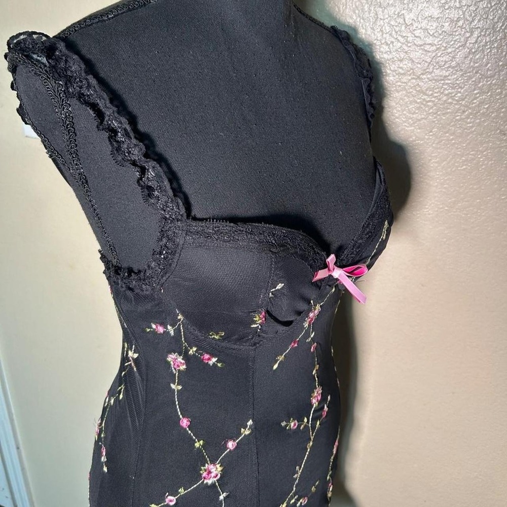 Sugar Thrillz Y2K Slip Floral Embroidered Mesh Ruffle Dress Black Pink Large - Picture 4 of 8